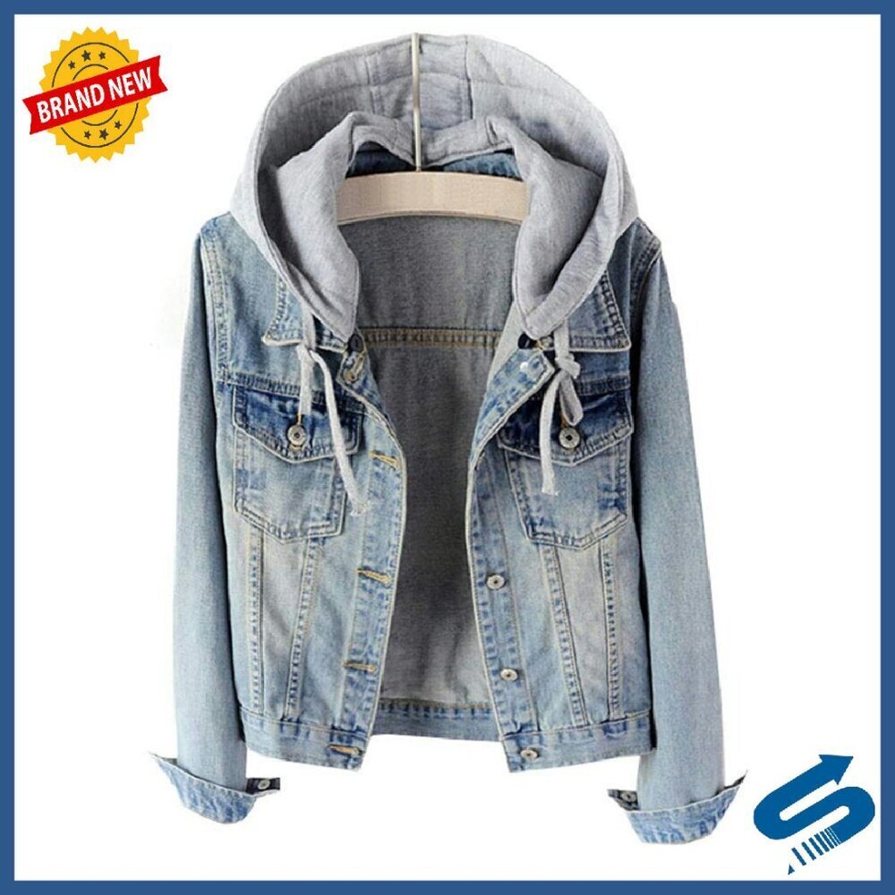 Detachable Hoodie Denim Jacket Cotton Polyester Blend Regular Fit